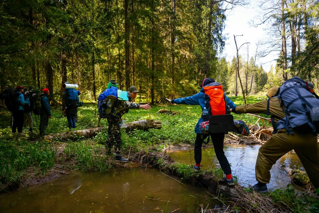 A group of hikers with backpacks navigate a stream in a lush green forest.