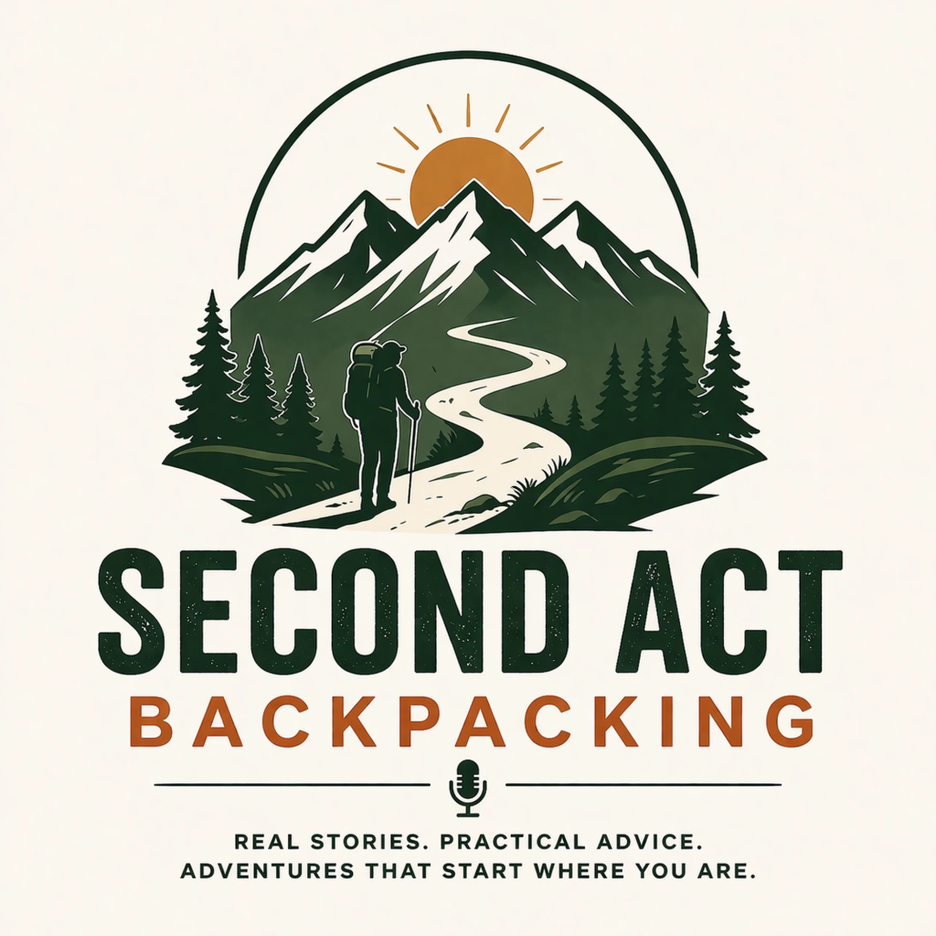 Second Act Backpacking podcast cover for a backpacking podcast for beginners over 40