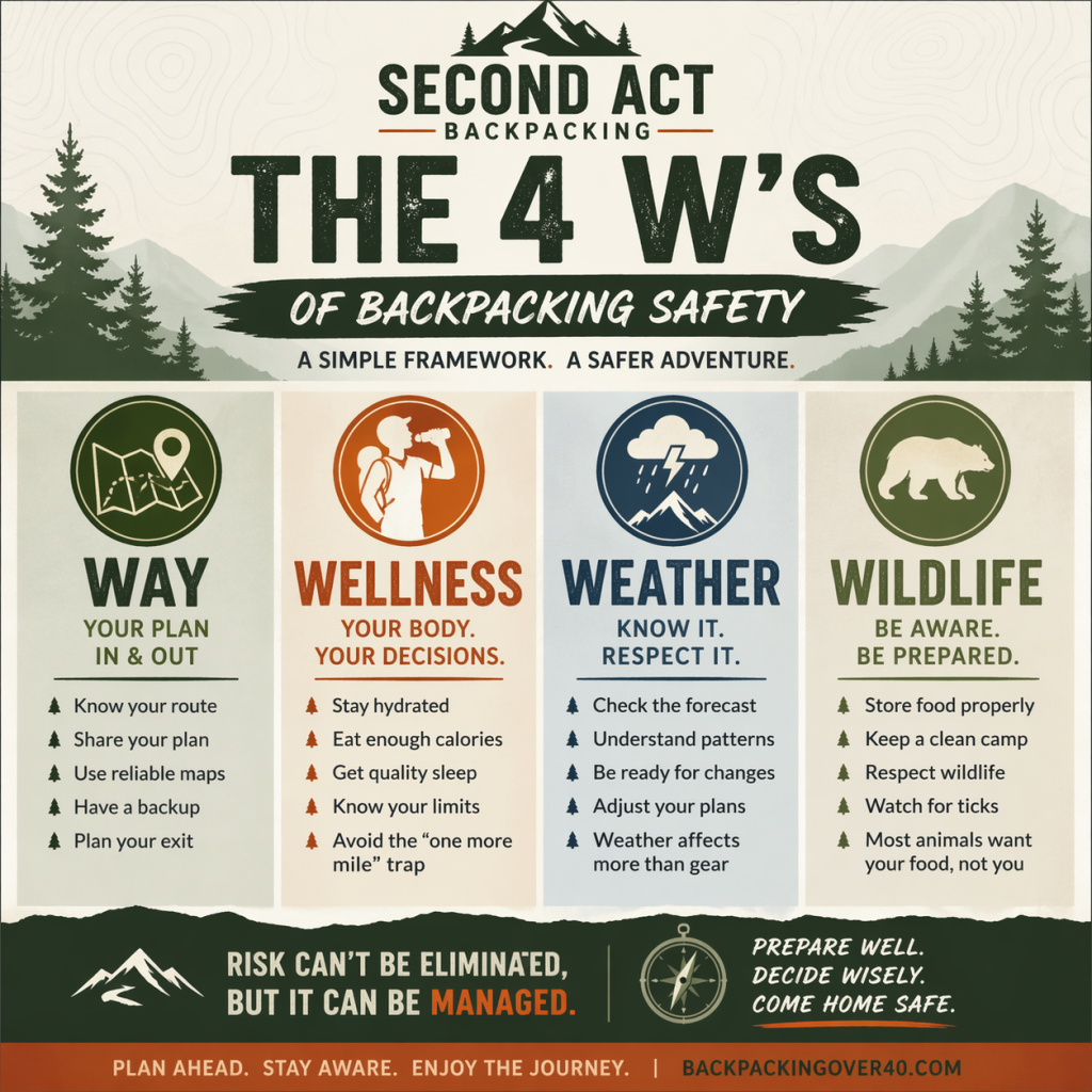 4 W’s of backpacking safety infographic showing Way, Wellness, Weather, and Wildlife for backpacking safety for beginners